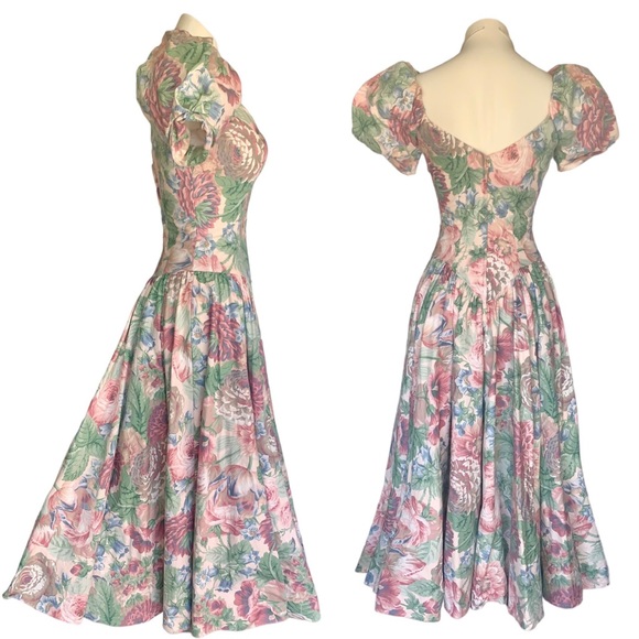 v i n t a g e : Floral Victorian Cottagecore Pastel Puff Sleeve Basque Dress - Picture 3 of 16